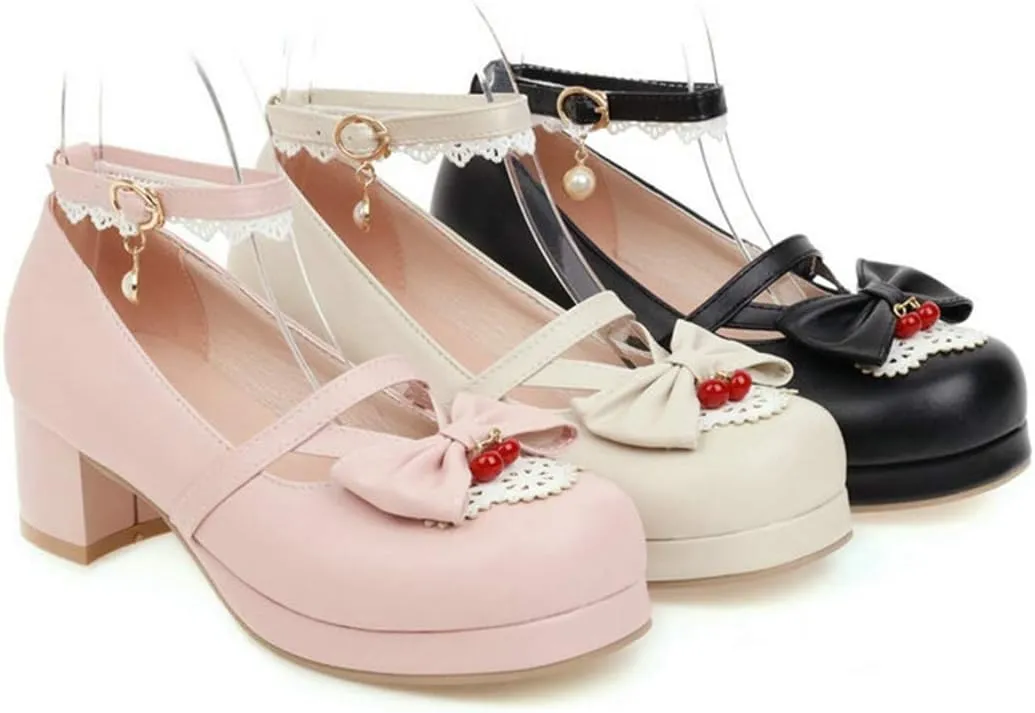 VOKLIN Women's Girls Lolita Mary Jane Pumps Cute Bow Ankle Strap Block Mid Heel Princess Oxford Dress Shoes