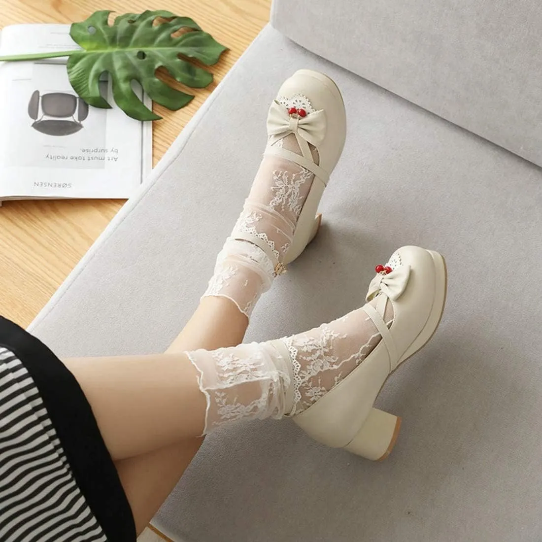 VOKLIN Women's Girls Lolita Mary Jane Pumps Cute Bow Ankle Strap Block Mid Heel Princess Oxford Dress Shoes