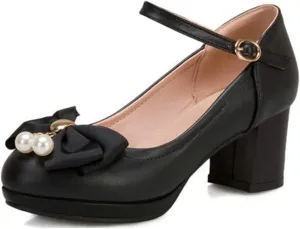 VOKLIN Women's Girls Lolita Mary Jane Pumps Cute Bow Ankle Strap Block Mid Heel Princess Oxford Dress Shoes