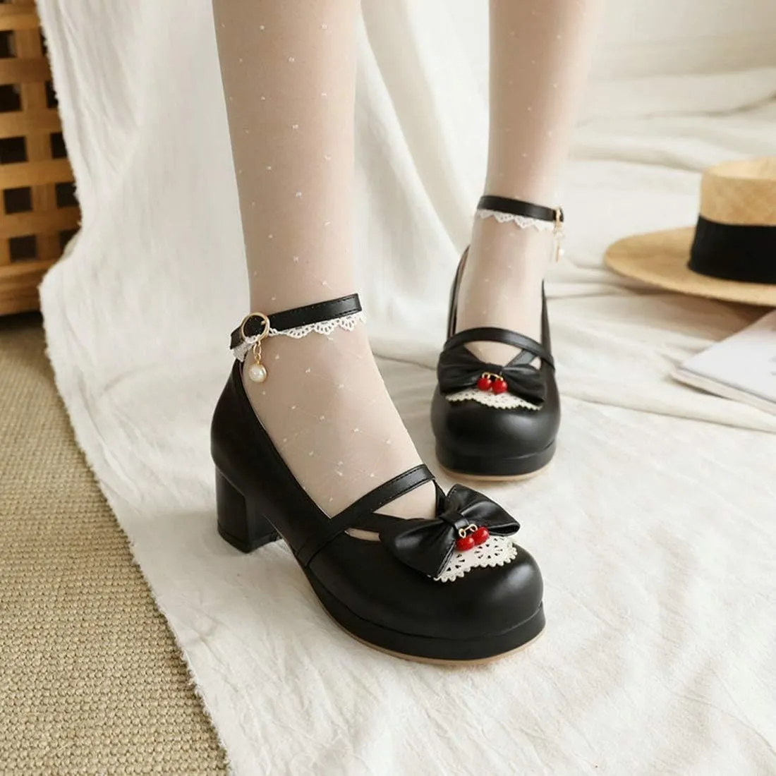 VOKLIN Women's Girls Lolita Mary Jane Pumps Cute Bow Ankle Strap Block Mid Heel Princess Oxford Dress Shoes