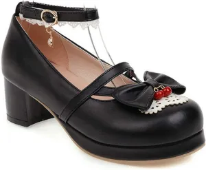 VOKLIN Women's Girls Lolita Mary Jane Pumps Cute Bow Ankle Strap Block Mid Heel Princess Oxford Dress Shoes