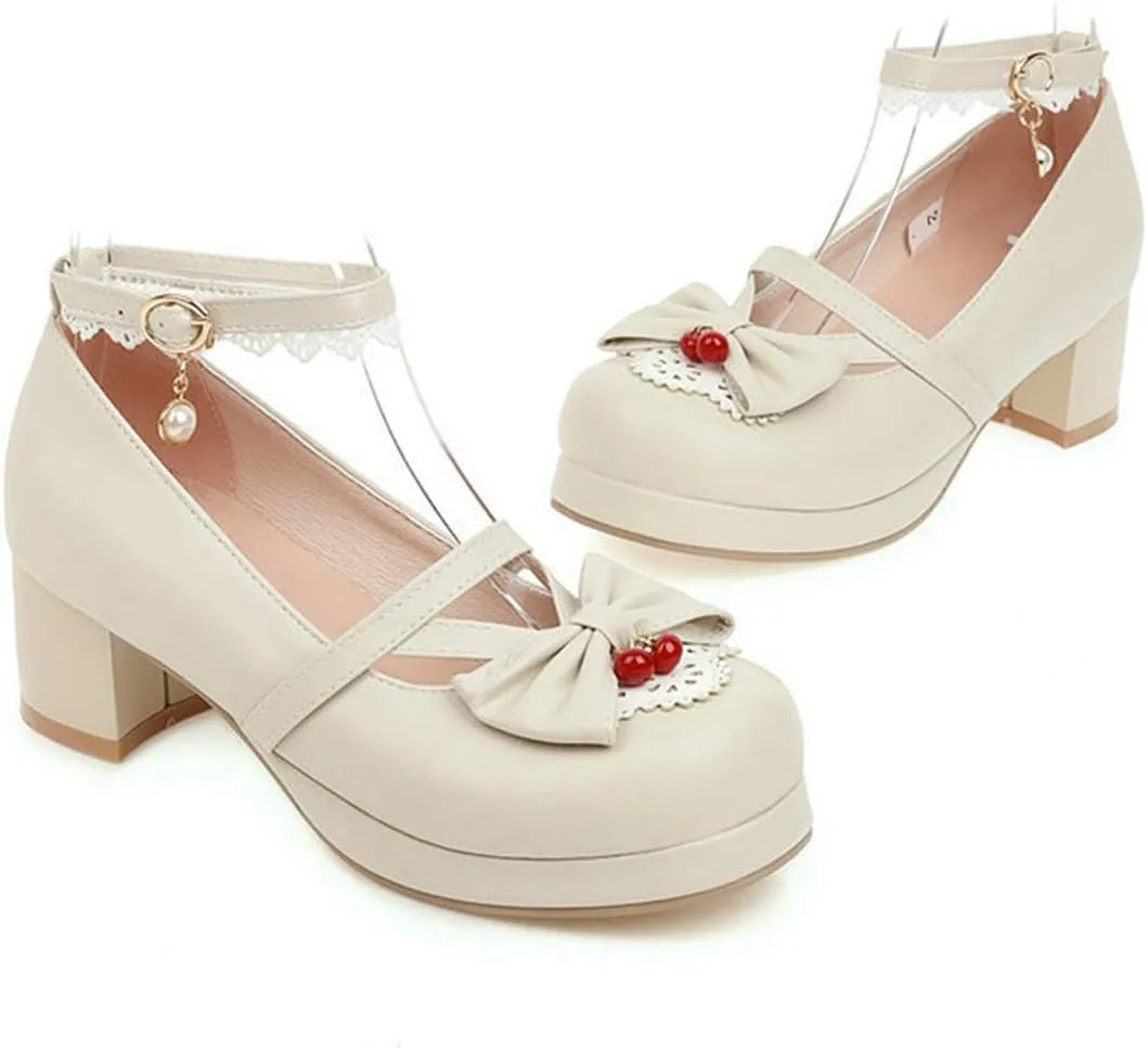 VOKLIN Women's Girls Lolita Mary Jane Pumps Cute Bow Ankle Strap Block Mid Heel Princess Oxford Dress Shoes