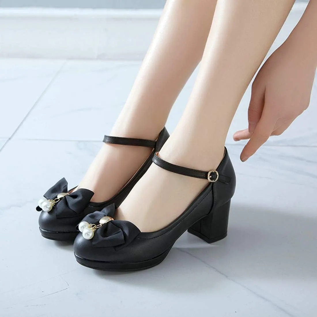 VOKLIN Women's Girls Lolita Mary Jane Pumps Cute Bow Ankle Strap Block Mid Heel Princess Oxford Dress Shoes