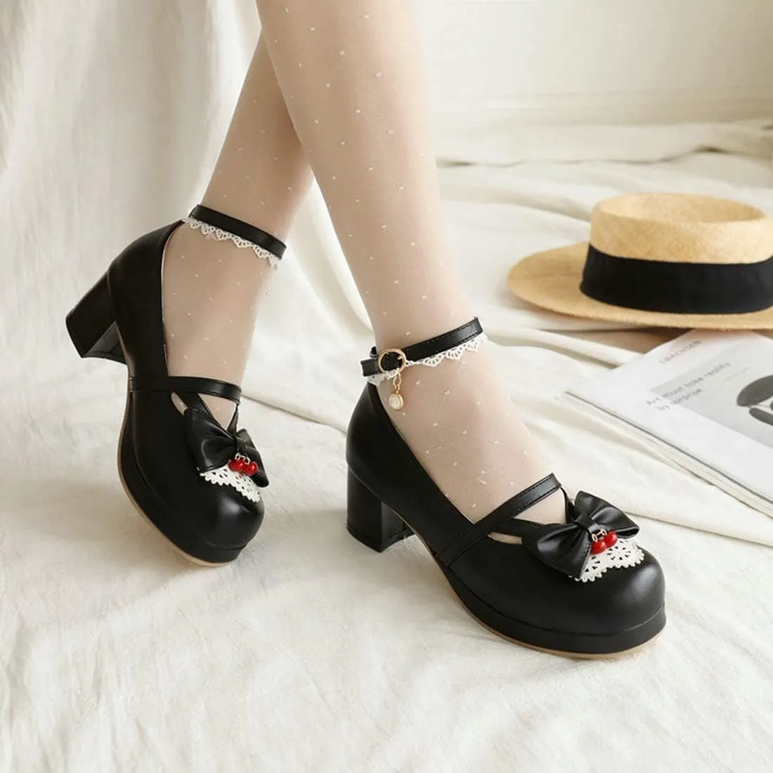 VOKLIN Women's Girls Lolita Mary Jane Pumps Cute Bow Ankle Strap Block Mid Heel Princess Oxford Dress Shoes