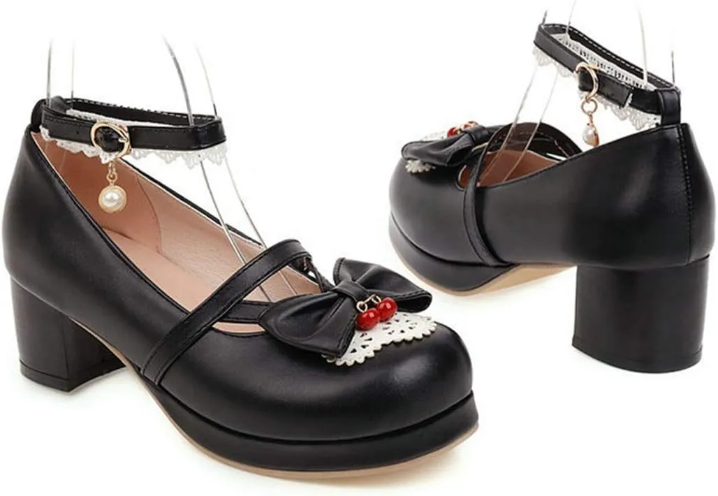 VOKLIN Women's Girls Lolita Mary Jane Pumps Cute Bow Ankle Strap Block Mid Heel Princess Oxford Dress Shoes