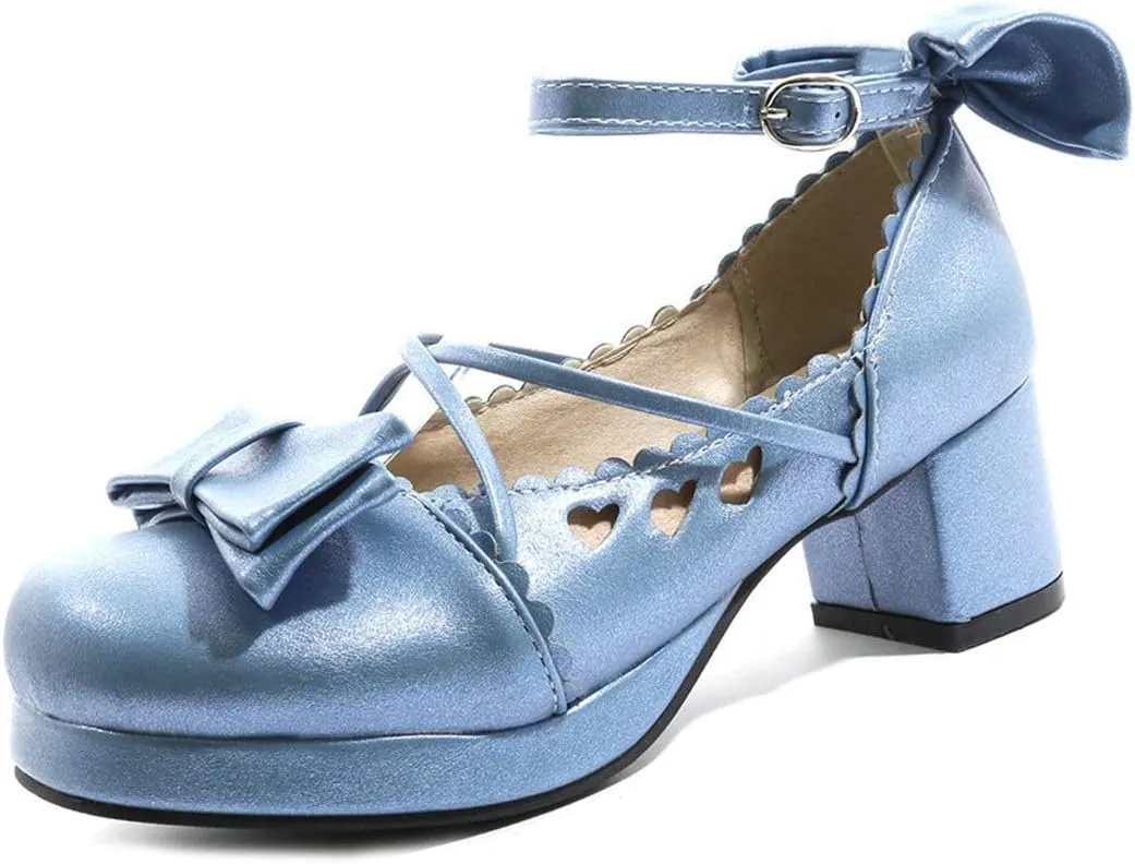 VOKLIN Women's Girls Lolita Mary Jane Pumps Princess Sweet Bow Cross Strap Block Mid Heel Oxford Dress Shoes