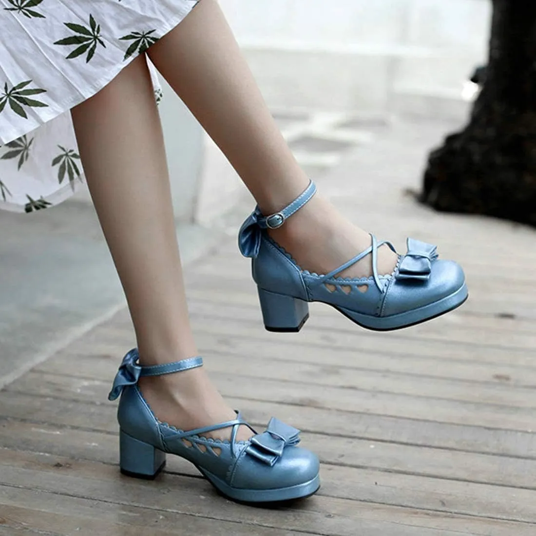 VOKLIN Women's Girls Lolita Mary Jane Pumps Princess Sweet Bow Cross Strap Block Mid Heel Oxford Dress Shoes
