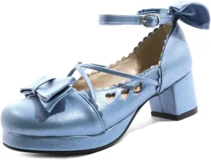VOKLIN Women's Girls Lolita Mary Jane Pumps Princess Sweet Bow Cross Strap Block Mid Heel Oxford Dress Shoes