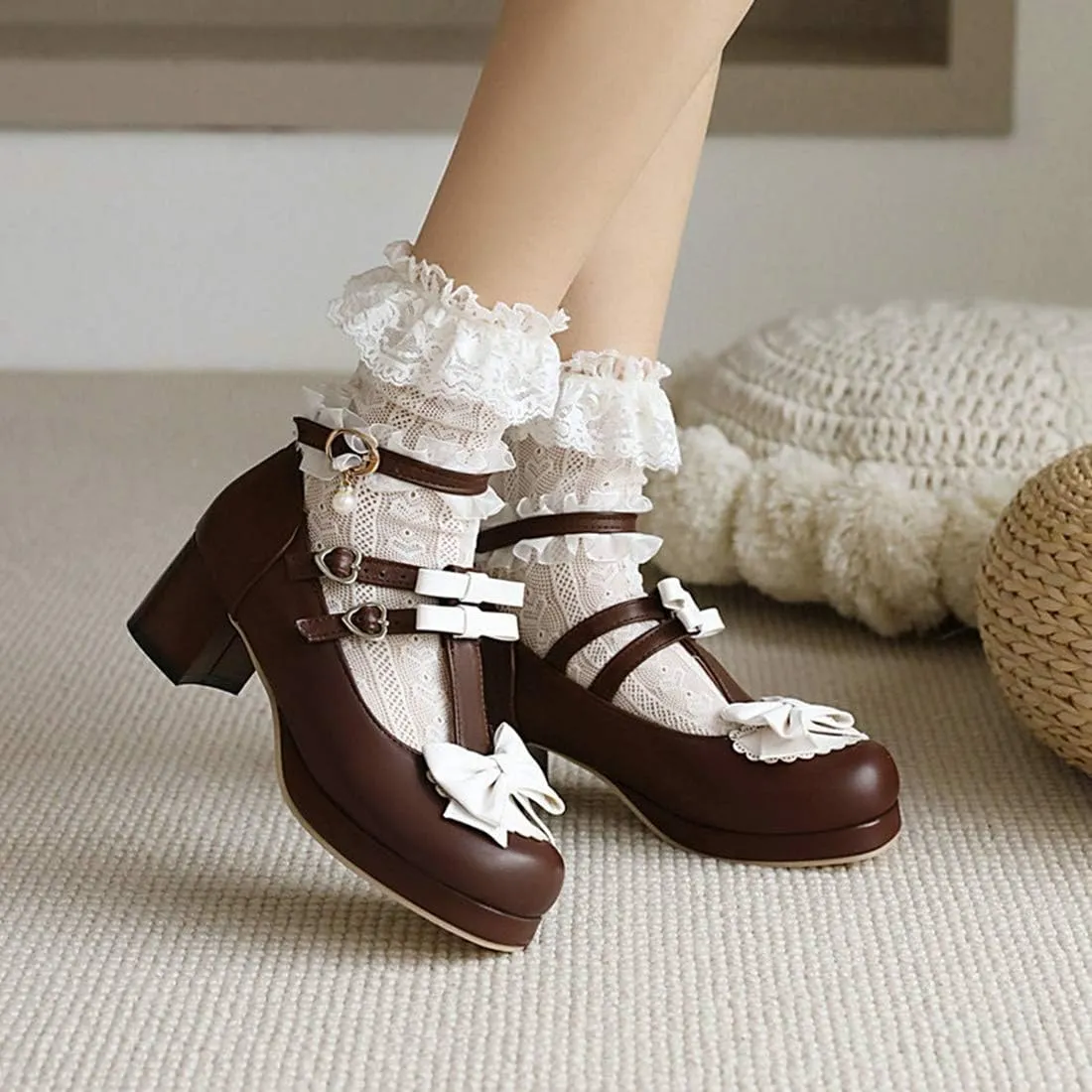 VOKLIN Women's Girls Lolita Mary Jane Pumps Sweet Bow Cross Ankle Strap Mid Heel Cosplay Oxford Dress Shoes
