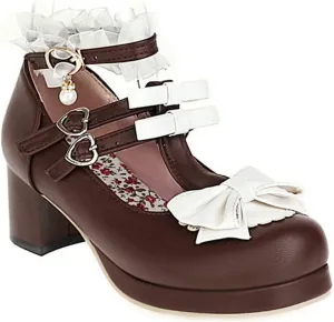 VOKLIN Women's Girls Lolita Mary Jane Pumps Sweet Bow Cross Ankle Strap Mid Heel Cosplay Oxford Dress Shoes