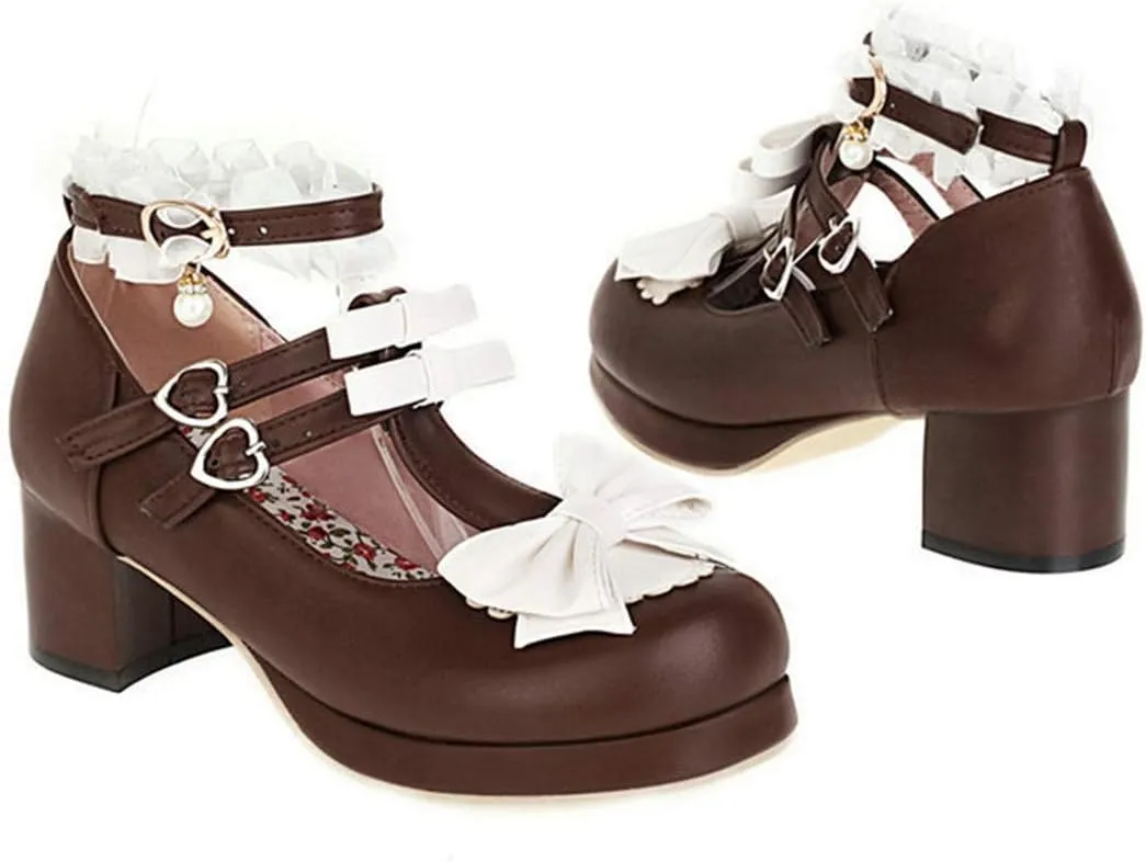 VOKLIN Women's Girls Lolita Mary Jane Pumps Sweet Bow Cross Ankle Strap Mid Heel Cosplay Oxford Dress Shoes