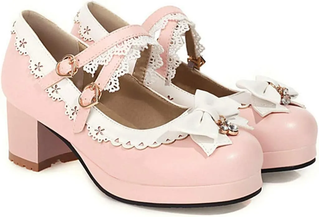 VOKLIN Women's Girls Lolita Mary Jane Pumps Sweet Bow Cross Ankle Strap Mid Heel Princess Oxford Dress Shoes