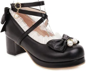 VOKLIN Women's Girls Lolita Mary Jane Pumps Sweet Bow Cross Ankle Strap Platform Mid Heel Oxford Dress Shoes Black