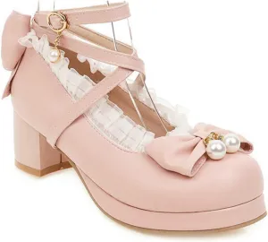 VOKLIN Women's Girls Lolita Mary Jane Pumps Sweet Bow Cross Ankle Strap Platform Mid Heel Oxford Dress Shoes Pink