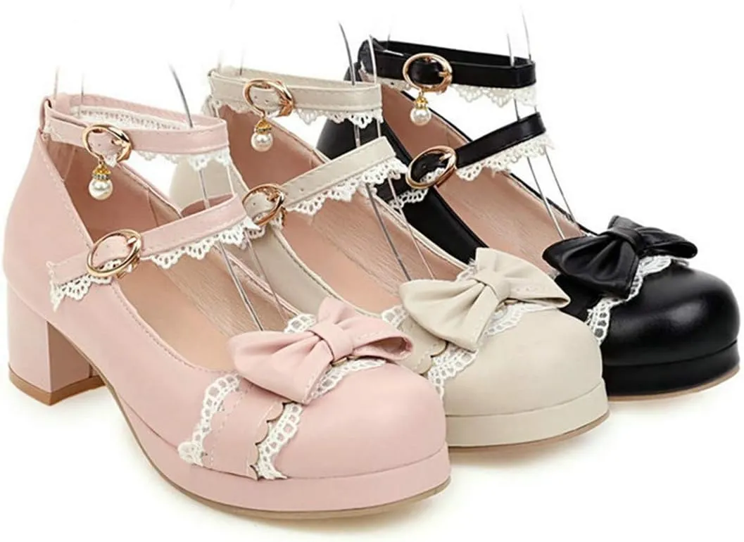 VOKLIN Women's Girls Lolita Mary Jane Pumps Sweet Bow Lace Ankle Strap Mid Heel Princess Oxford Dress Shoes