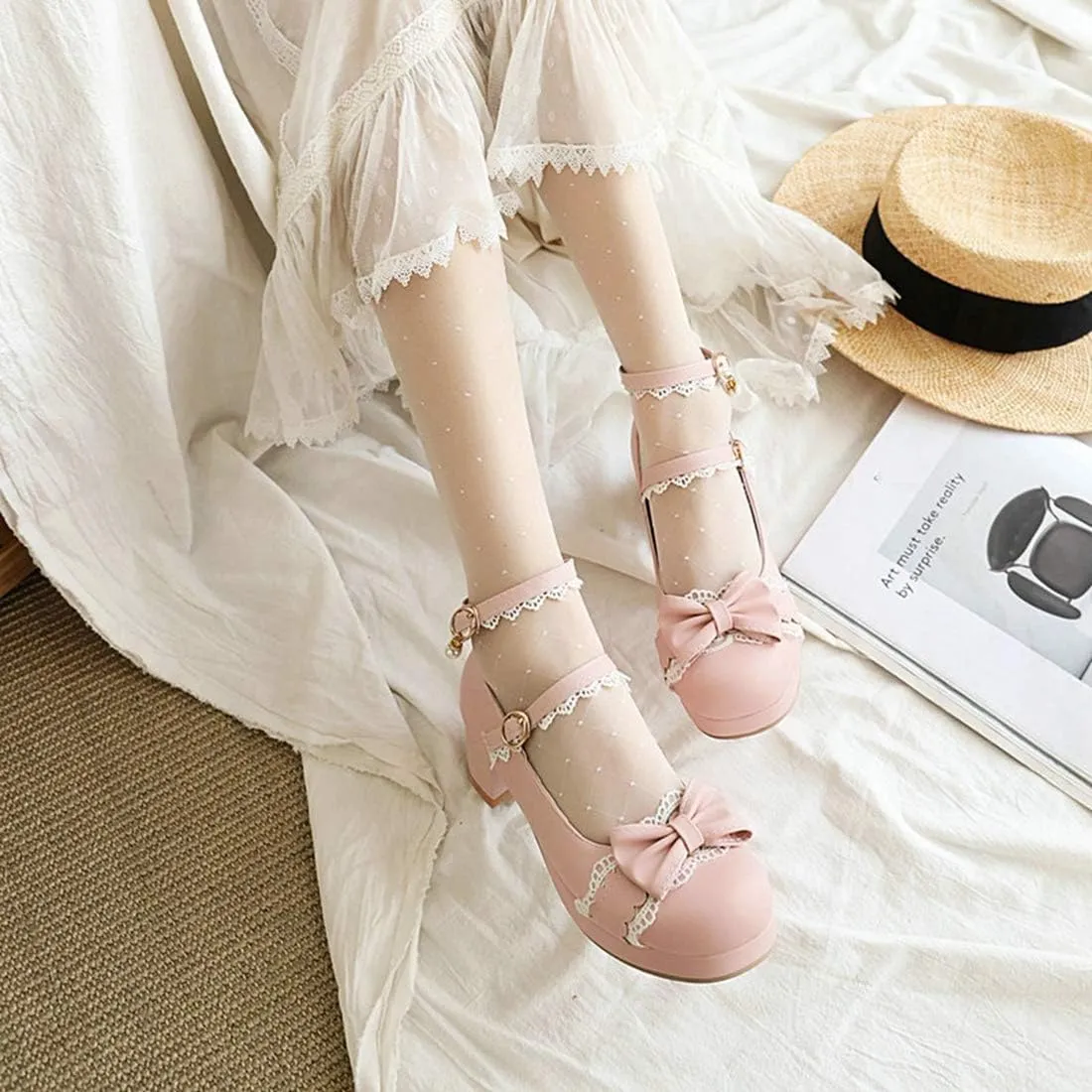VOKLIN Women's Girls Lolita Mary Jane Pumps Sweet Bow Lace Ankle Strap Mid Heel Princess Oxford Dress Shoes