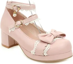 VOKLIN Women's Girls Lolita Mary Jane Pumps Sweet Bow Lace Ankle Strap Mid Heel Princess Oxford Dress Shoes