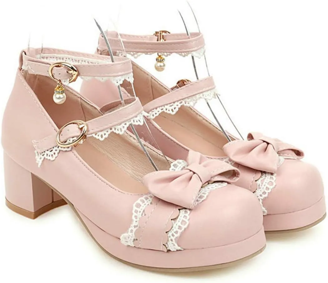 VOKLIN Women's Girls Lolita Mary Jane Pumps Sweet Bow Lace Ankle Strap Mid Heel Princess Oxford Dress Shoes
