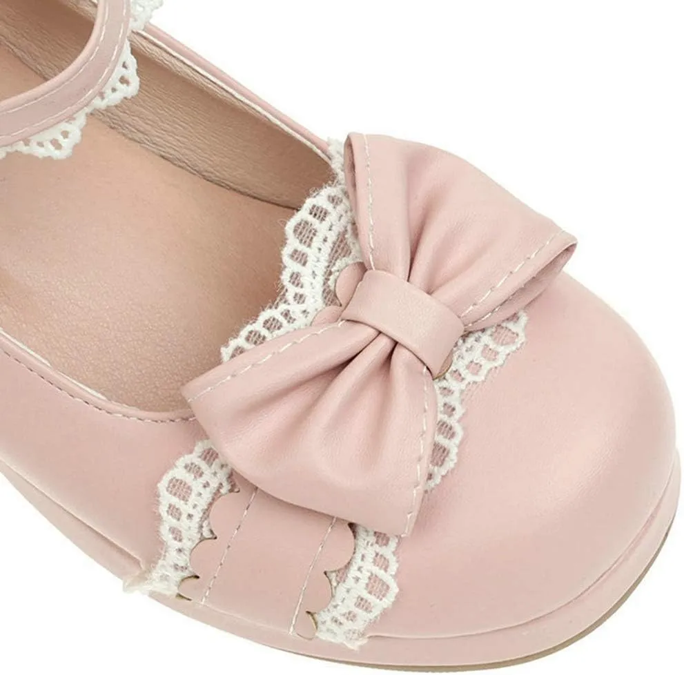 VOKLIN Women's Girls Lolita Mary Jane Pumps Sweet Bow Lace Ankle Strap Mid Heel Princess Oxford Dress Shoes