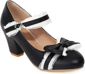 VOKLIN Women's Girls Lolita Mary Jane Pumps Sweet Bow Lace Chunky Block High Heel Princess Oxford Dress Shoes