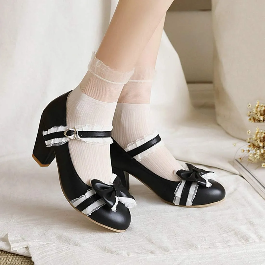 VOKLIN Women's Girls Lolita Mary Jane Pumps Sweet Bow Lace Chunky Block High Heel Princess Oxford Dress Shoes