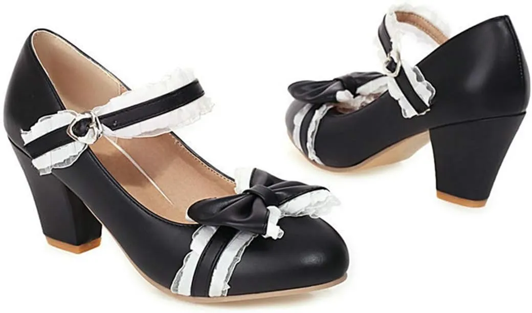 VOKLIN Women's Girls Lolita Mary Jane Pumps Sweet Bow Lace Chunky Block High Heel Princess Oxford Dress Shoes