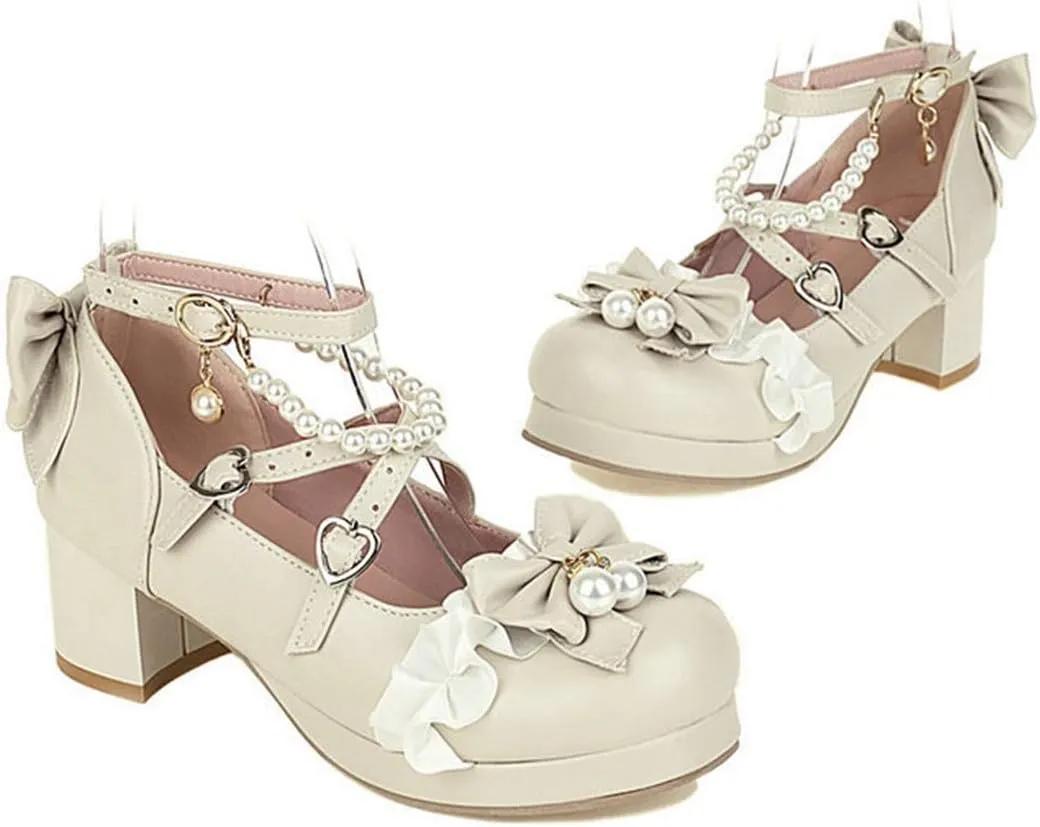VOKLIN Women's Girls Lolita Mary Jane Pumps with Bow Cross Strap Mid Heel Princess Cosplay Oxford Dress Shoes