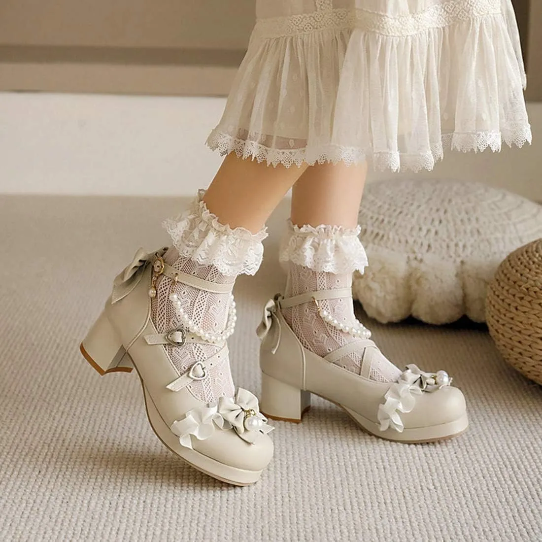 VOKLIN Women's Girls Lolita Mary Jane Pumps with Bow Cross Strap Mid Heel Princess Cosplay Oxford Dress Shoes