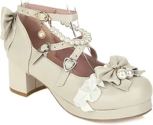 VOKLIN Women's Girls Lolita Mary Jane Pumps with Bow Cross Strap Mid Heel Princess Cosplay Oxford Dress Shoes