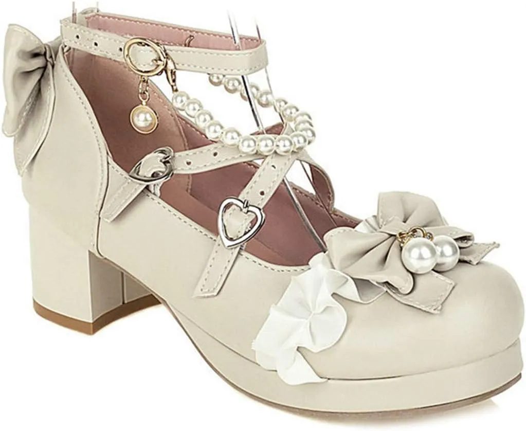 VOKLIN Women's Girls Lolita Mary Jane Pumps with Bow Cross Strap Mid Heel Princess Cosplay Oxford Dress Shoes