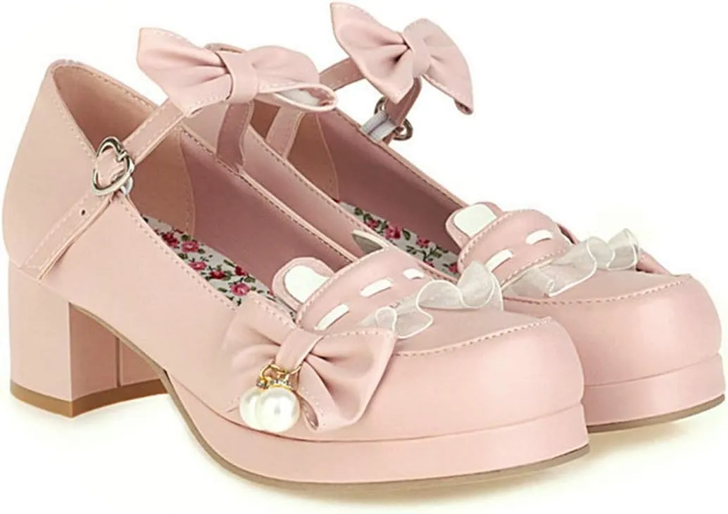VOKLIN Women's Girls Lolita Mary Jane Shoes Sweet Bow Ankle Strap Block Mid Heel Princess Oxford Dress Pumps