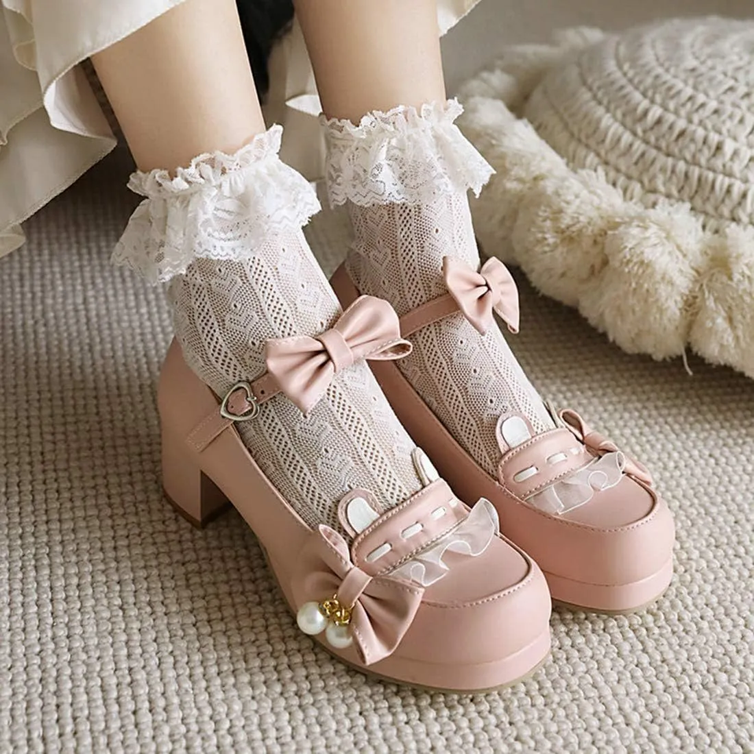 VOKLIN Women's Girls Lolita Mary Jane Shoes Sweet Bow Ankle Strap Block Mid Heel Princess Oxford Dress Pumps