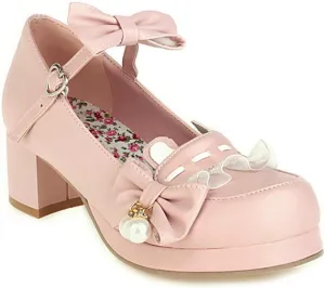 VOKLIN Women's Girls Lolita Mary Jane Shoes Sweet Bow Ankle Strap Block Mid Heel Princess Oxford Dress Pumps