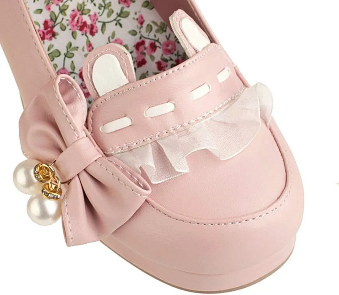 VOKLIN Women's Girls Lolita Mary Jane Shoes Sweet Bow Ankle Strap Block Mid Heel Princess Oxford Dress Pumps