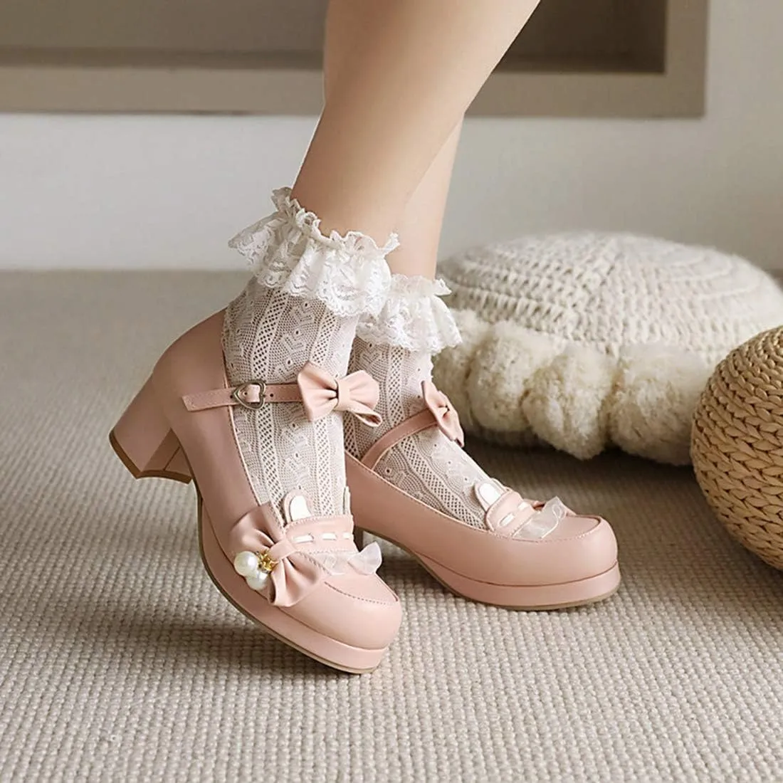 VOKLIN Women's Girls Lolita Mary Jane Shoes Sweet Bow Ankle Strap Block Mid Heel Princess Oxford Dress Pumps