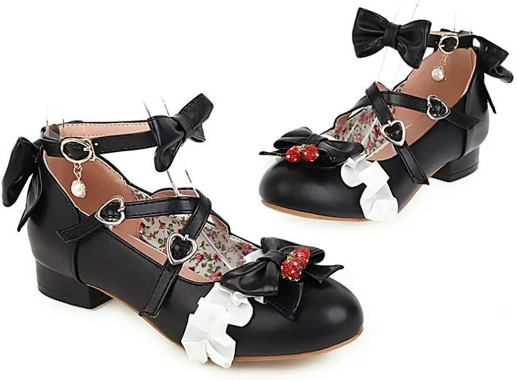 VOKLIN Women's Girls Lolita Mary Jane Shoes Sweet Bow Cross Ankle Strap Low Heel Princess Oxford Dress Pumps