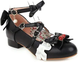VOKLIN Women's Girls Lolita Mary Jane Shoes Sweet Bow Cross Ankle Strap Low Heel Princess Oxford Dress Pumps