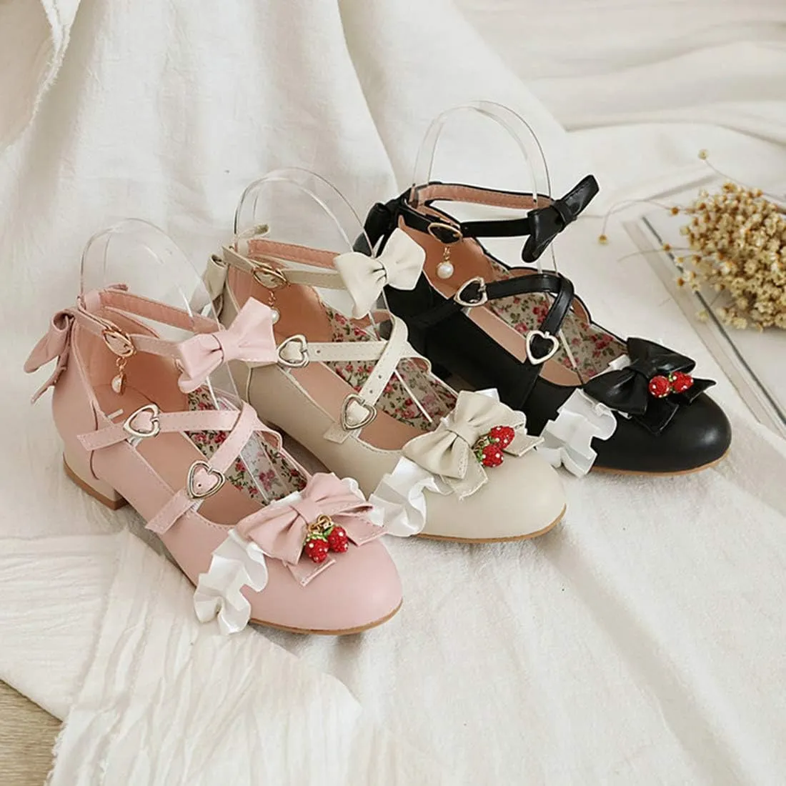 VOKLIN Women's Girls Lolita Mary Jane Shoes Sweet Bow Cross Ankle Strap Low Heel Princess Oxford Dress Pumps