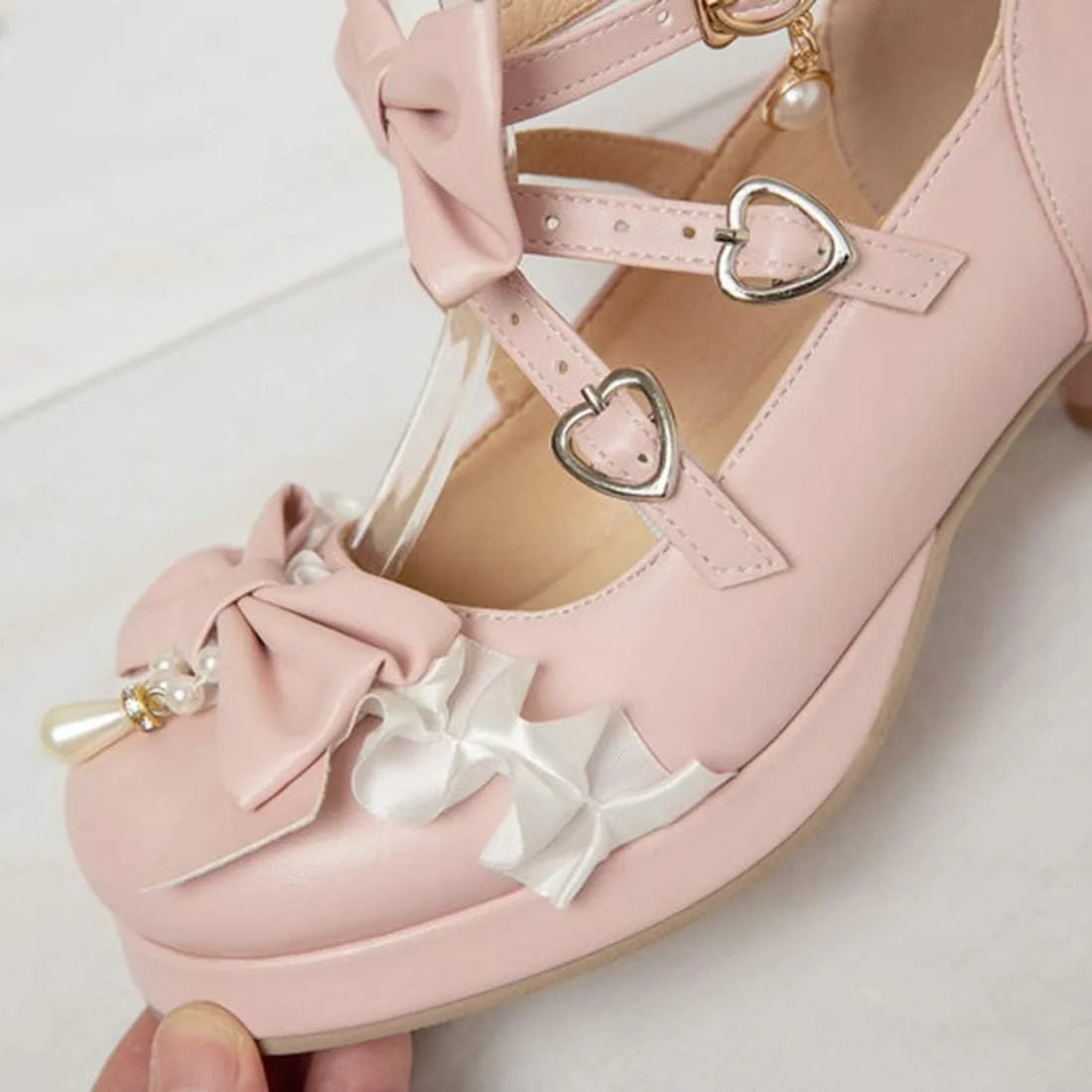 VOKLIN Women's Girls Lolita Mary Jane Shoes Sweet Bow Cross Ankle Strap Mid Heels Cosplay Oxford Dress Pumps