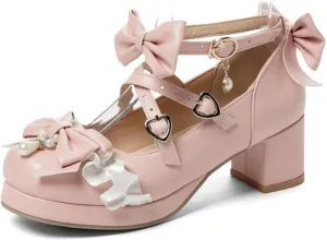 VOKLIN Women's Girls Lolita Mary Jane Shoes Sweet Bow Cross Ankle Strap Mid Heels Cosplay Oxford Dress Pumps