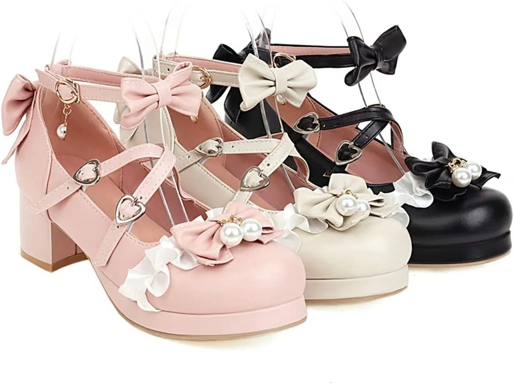 VOKLIN Women's Girls Lolita Mary Jane Shoes Sweet Bow Cross Ankle Strap Mid Heels Cosplay Oxford Dress Pumps