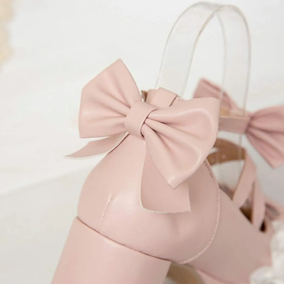 VOKLIN Women's Girls Lolita Mary Jane Shoes Sweet Bow Cross Ankle Strap Mid Heels Cosplay Oxford Dress Pumps