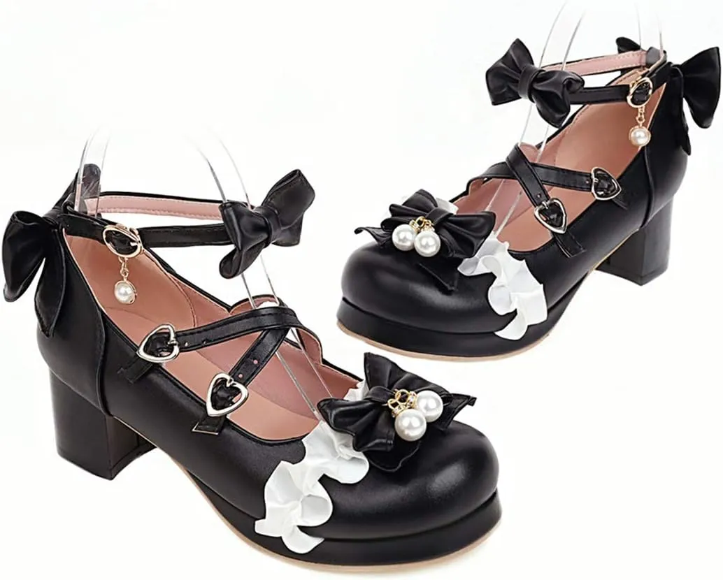 VOKLIN Women's Girls Lolita Mary Jane Shoes Sweet Bow Cross Ankle Strap Mid Heels Cosplay Oxford Dress Pumps
