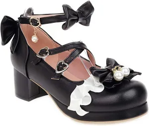 VOKLIN Women's Girls Lolita Mary Jane Shoes Sweet Bow Cross Ankle Strap Mid Heels Cosplay Oxford Dress Pumps