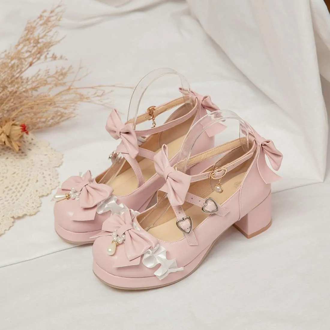 VOKLIN Women's Girls Lolita Mary Jane Shoes Sweet Bow Cross Ankle Strap Mid Heels Cosplay Oxford Dress Pumps