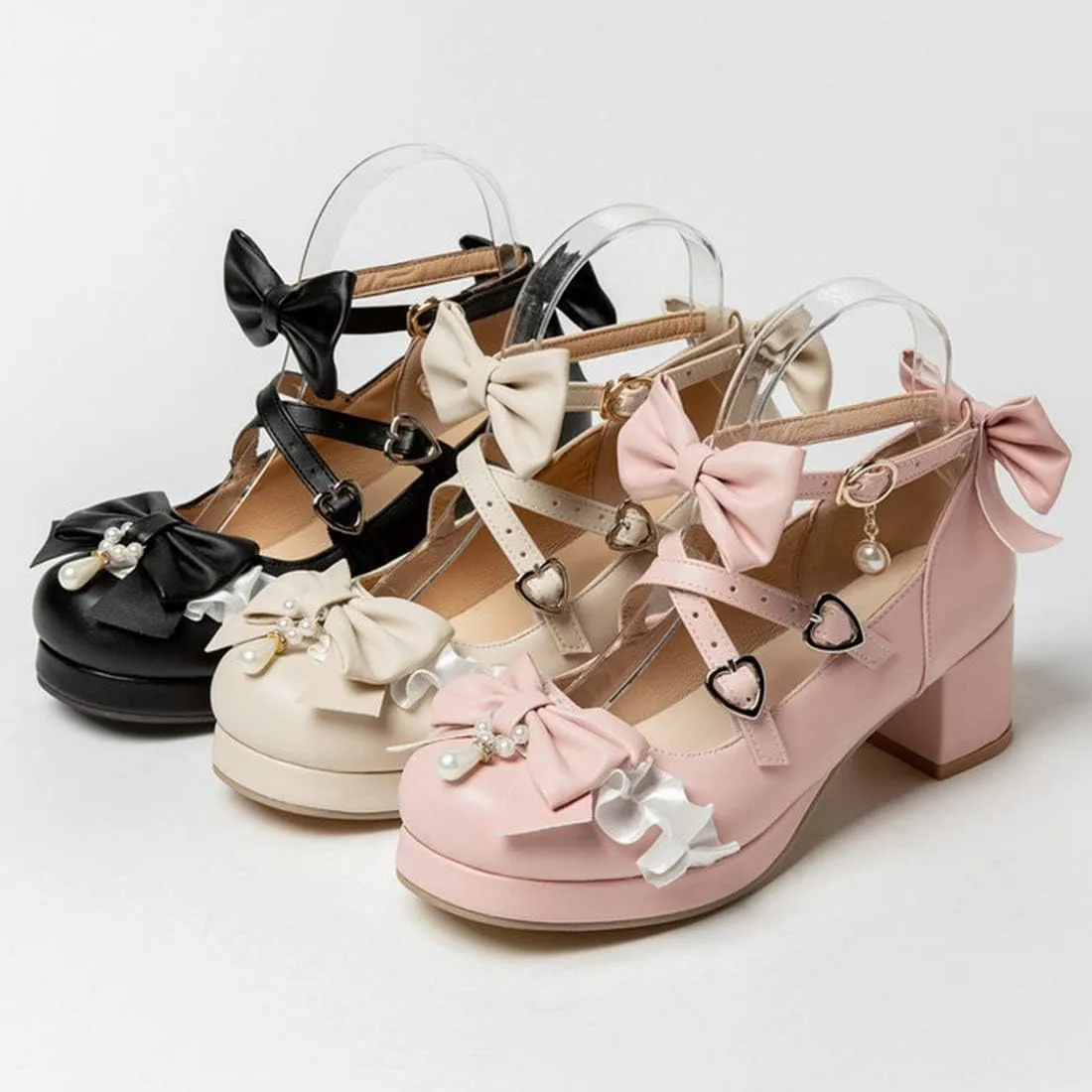 VOKLIN Women's Girls Lolita Mary Jane Shoes Sweet Bow Cross Ankle Strap Mid Heels Cosplay Oxford Dress Pumps
