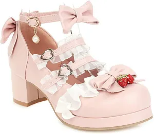 VOKLIN Women's Girls Lolita Mary Jane Shoes Sweet Bow Lace Ankle Strap Low Heel Princess Oxford Dress Pumps