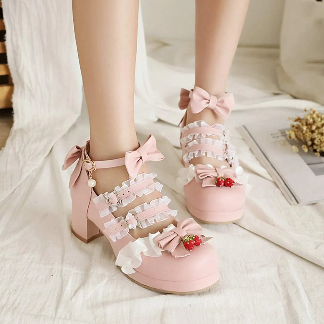 VOKLIN Women's Girls Lolita Mary Jane Shoes Sweet Bow Lace Ankle Strap Low Heel Princess Oxford Dress Pumps