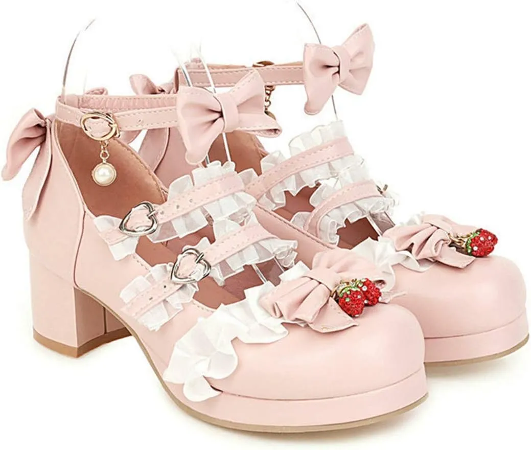 VOKLIN Women's Girls Lolita Mary Jane Shoes Sweet Bow Lace Ankle Strap Low Heel Princess Oxford Dress Pumps