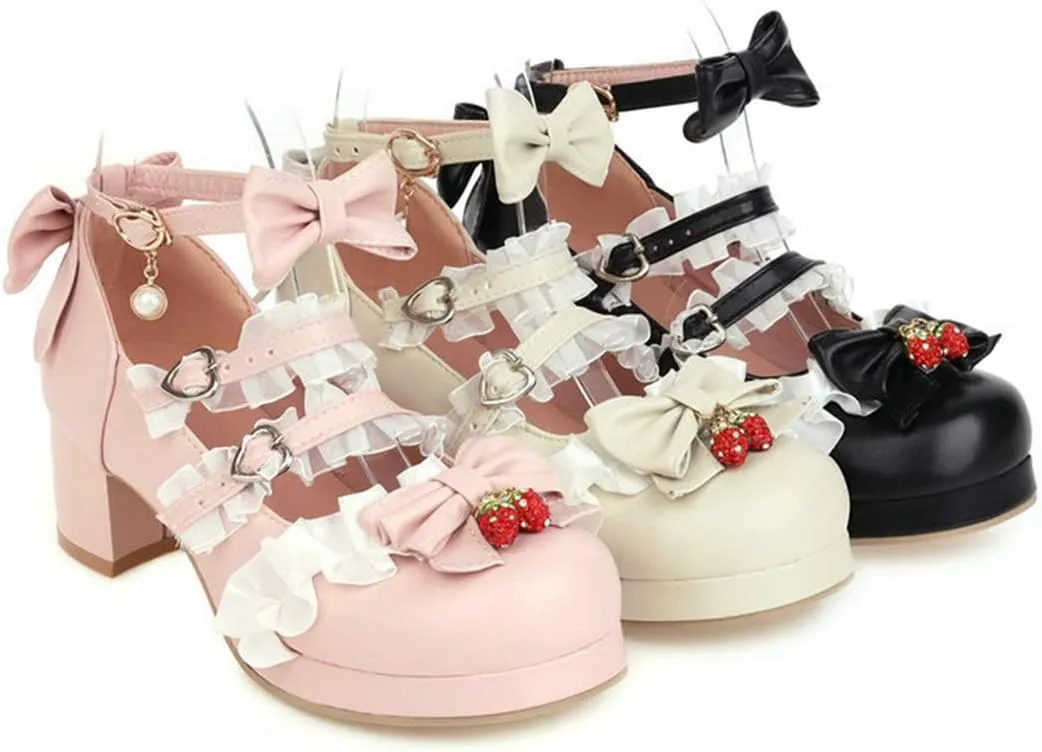 VOKLIN Women's Girls Lolita Mary Jane Shoes Sweet Bow Lace Ankle Strap Low Heel Princess Oxford Dress Pumps